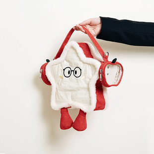 HIATUS原创毛绒苹果耳机星星包可爱卡通刺绣双肩斜挎小食量痛包