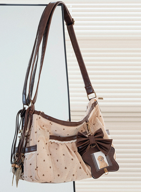 HIATUS复古vintage撞色爱心波点咖色古早风文艺中古风休闲托特包