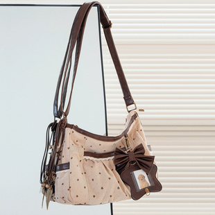 HIATUS复古vintage撞色爱心波点咖色古早风文艺中古风休闲托特包