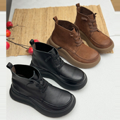 手工真皮复古马丁靴女秋冬新款 小个子厚底增高短筒靴中老年牛皮鞋