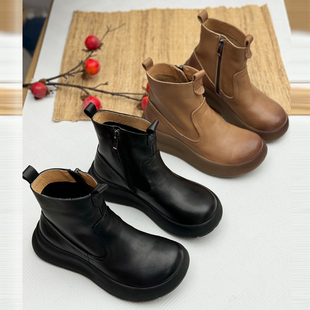 手工真皮厚底马丁靴女复古休闲增高女鞋中老年短筒靴子头层牛皮鞋