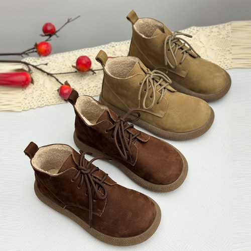 真皮加绒妈妈鞋子棉鞋保暖短靴皮鞋中老年人舒适女鞋不累脚秋冬季