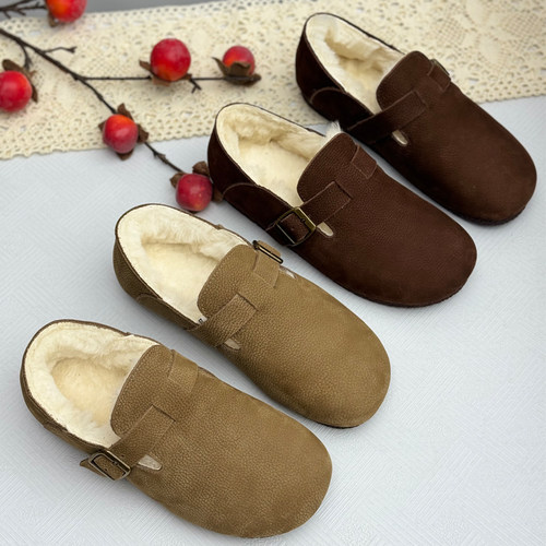 冬季真皮勃肯鞋女加绒加厚保暖毛绒豆豆鞋软底大棉鞋子平底奶奶鞋