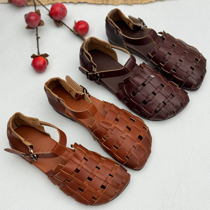 手工编织真皮凉鞋女妈妈鞋软底镂空透气罗马鞋头层牛皮夏季女鞋