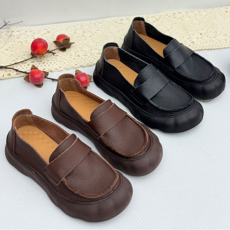 复古真皮单鞋女2026新款厚底一脚蹬圆头轻便舒适女鞋休闲乐福鞋子,女鞋,浅口单鞋,淘宝优惠券,粉丝福利购,淘宝优惠卷