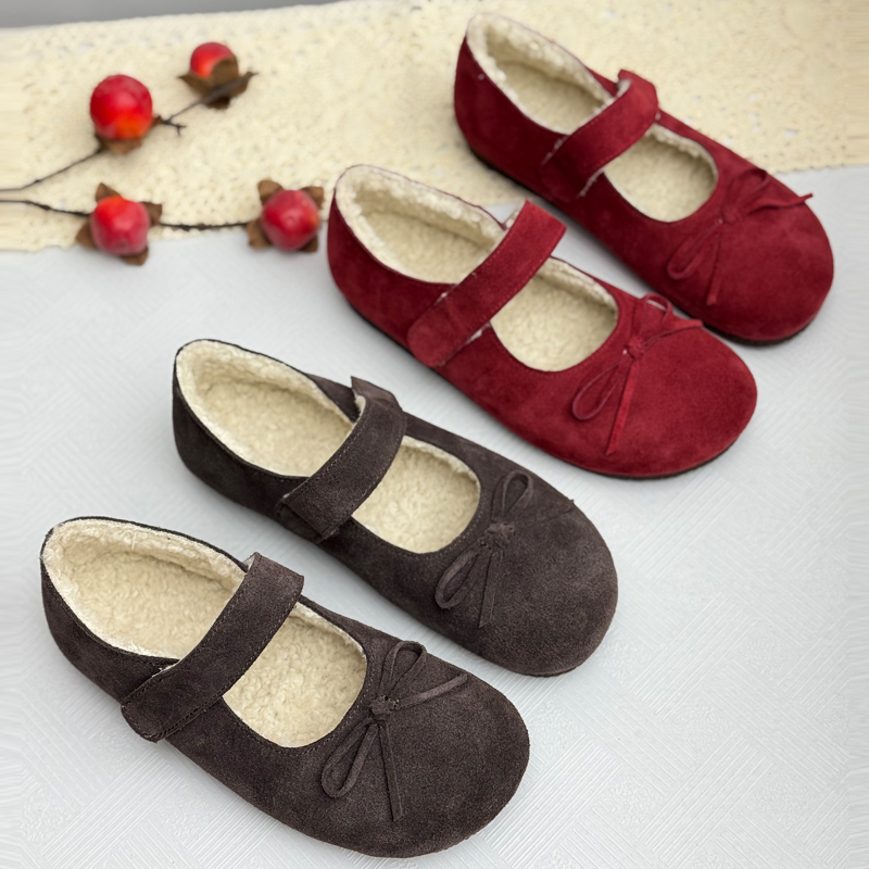 冬季真皮玛丽珍鞋女魔术贴蝴蝶结单鞋加绒加厚保暖棉鞋平底女鞋