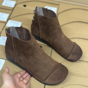 手工真皮短靴女新款秋冬软底单靴复古平底马丁靴短筒女靴妈妈鞋