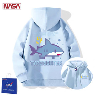 NASA联名雾霾蓝像素鲨鱼卡通卫衣男女春秋季新款加绒涂鸦连帽外套