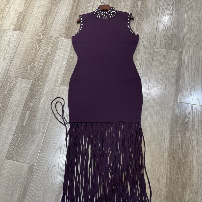 法式高领珍珠下摆流苏无袖针织连衣裙