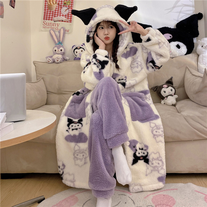 FLANGE PLUSH PAJAMAS WOMENS WINTER MIDI LENGTH THICKENED CORAL VELVET NIGHTDRESS HOODED PANDA CASUAL LOUNGEWEAR DRESSING GOWN