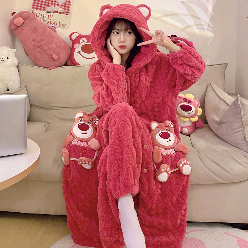 FLANGE PLUSH PAJAMAS WOMENS WINTER MIDI LENGTH THICKENED CORAL VELVET NIGHTDRESS HOODED PANDA CASUAL LOUNGEWEAR DRESSING GOWN