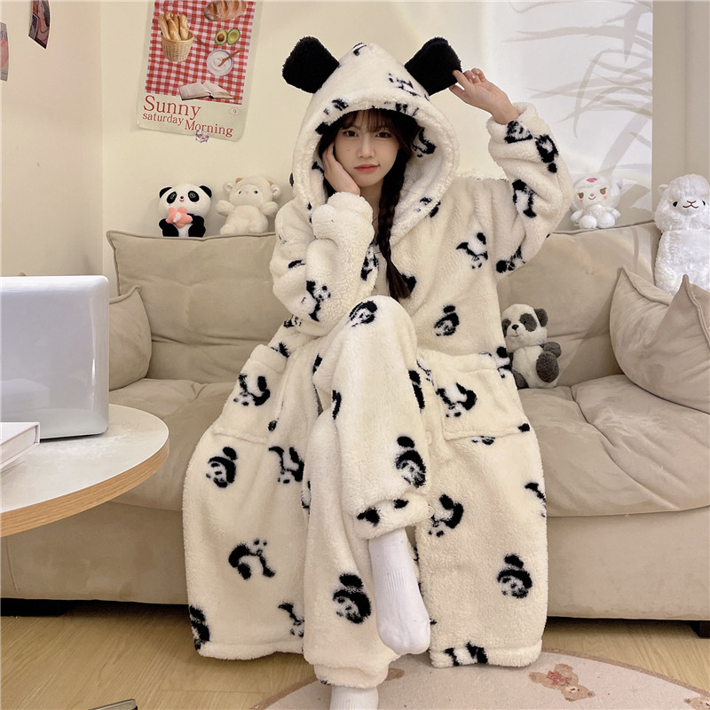 FLANGE PLUSH PAJAMAS WOMENS WINTER MIDI LENGTH THICKENED CORAL VELVET NIGHTDRESS HOODED PANDA CASUAL LOUNGEWEAR DRESSING GOWN