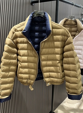 90白鸭绒排骨款双面拼色羽绒服女短款2025冬韩版立领撞色时尚外套