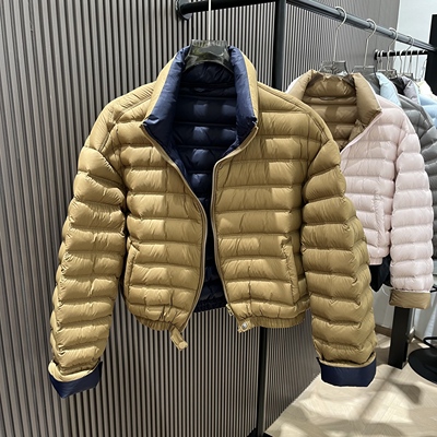 90白鸭绒排骨款双面拼色羽绒服女短款2025冬韩版立领撞色时尚外套