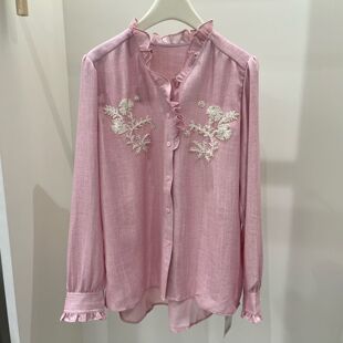 衬衣女士衬衫 欧洲站2026早春新款 甜美木耳边亮丝亚麻绣花宽松长袖