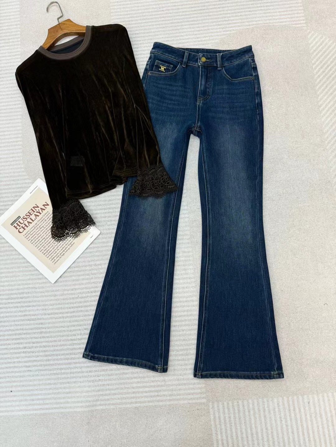 筷子腿瘦瘦裤|丹宁系列抓绒四面弹牛仔裤25秋磨绒贴布刺绣微喇裤