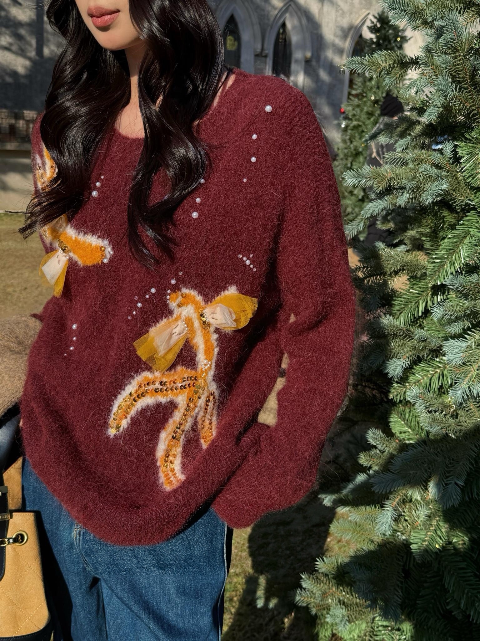 老钱配色 温暖时髦法式钉珠造型亮片针织衫大毛衣冬季气质高级感