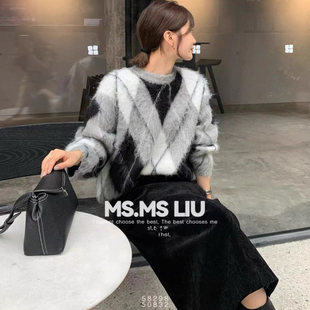 半打奶酥super云朵感羊驼毛暖宠撞色菱格纹软糯针织衫毛衣女外套