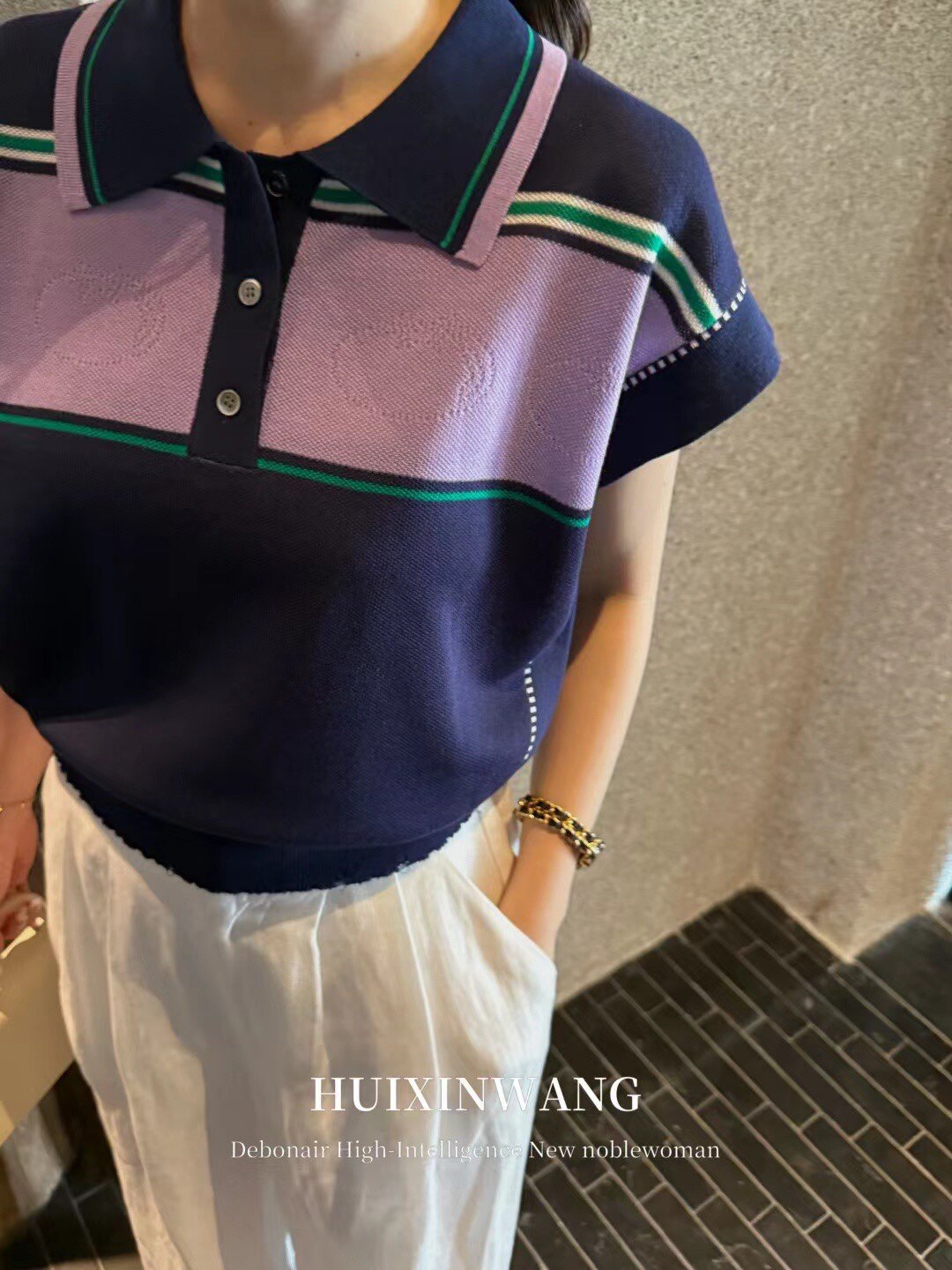 静学姐Athflow时髦条纹透气Polo领拼色宽松撞色短袖针织衫女上衣