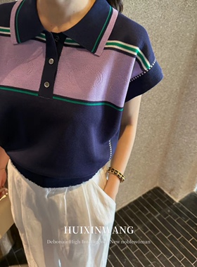 静学姐Athflow时髦条纹透气Polo领拼色宽松撞色短袖针织衫女上衣