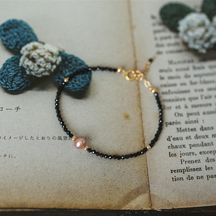 美国进口14k包金 粉紫色淡水珍珠 黑尖晶石极细手链 小礼服