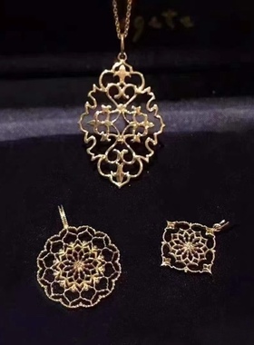 日系agete风 镂空花纹吊坠菱形窗花精致蕾丝925银镀金项链毛衣链