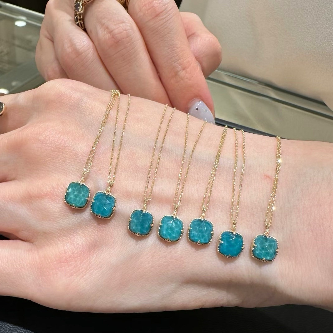 日系agete同款 天然白水晶绿松石方形925银项链锁骨链女生日礼物