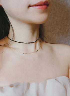向日葵欧尼同款轻奢黑色尖晶石极细双层项链锁骨链女生日礼物