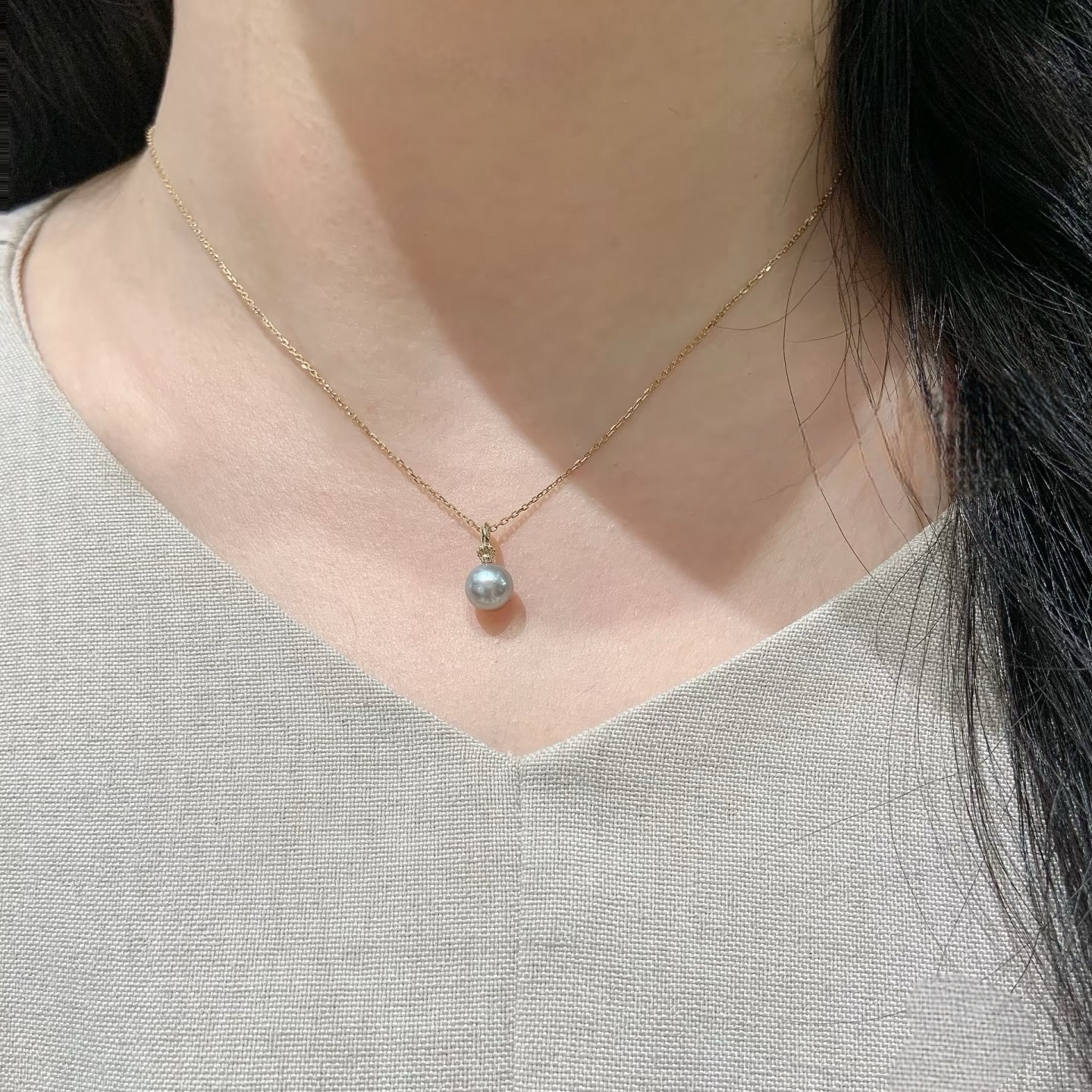 日系agete同款 天然淡水灰色珍珠925银镀金项链吊坠锁骨链女