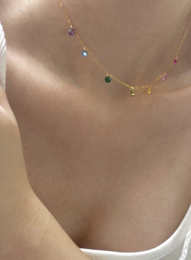 夏日掠影 幸运7色锁骨链美国进口14K包金注金彩虹极细项链女礼物