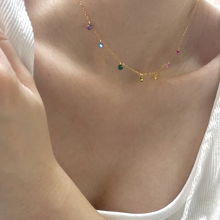 夏日掠影 幸运7色锁骨链美国进口14K包金注金彩虹极细项链女礼物