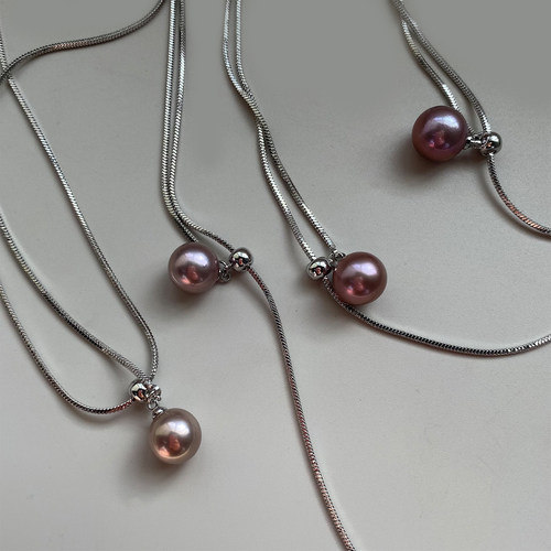 【简茗】天然淡水珍珠项链女款 紫色正圆时尚潮流秋冬长款毛衣链