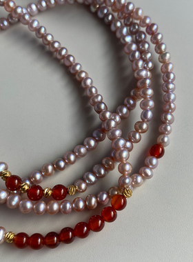 【善嵋】 天然淡水珍珠手串女款 粉紫色玛瑙叠戴弹力绳三圈手饰