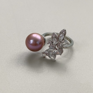 【莓芝】天然淡水珍珠戒指女款 紫色正圆锆石树叶优雅高级感戒圈