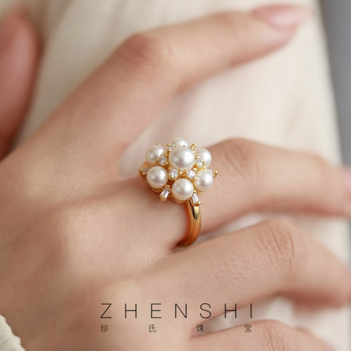 【丰雪】天然淡水珍珠戒指女款 雪花花簇精致轻奢时尚款开口戒圈