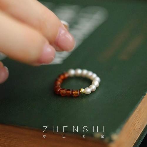 【石榴】天然淡水巴洛克珍珠戒指女款 石榴石时尚气质弹力绳戒圈