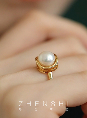 【禧福】天然淡水珍珠戒指女款秋冬 轻奢小众高级感可调节开口戒
