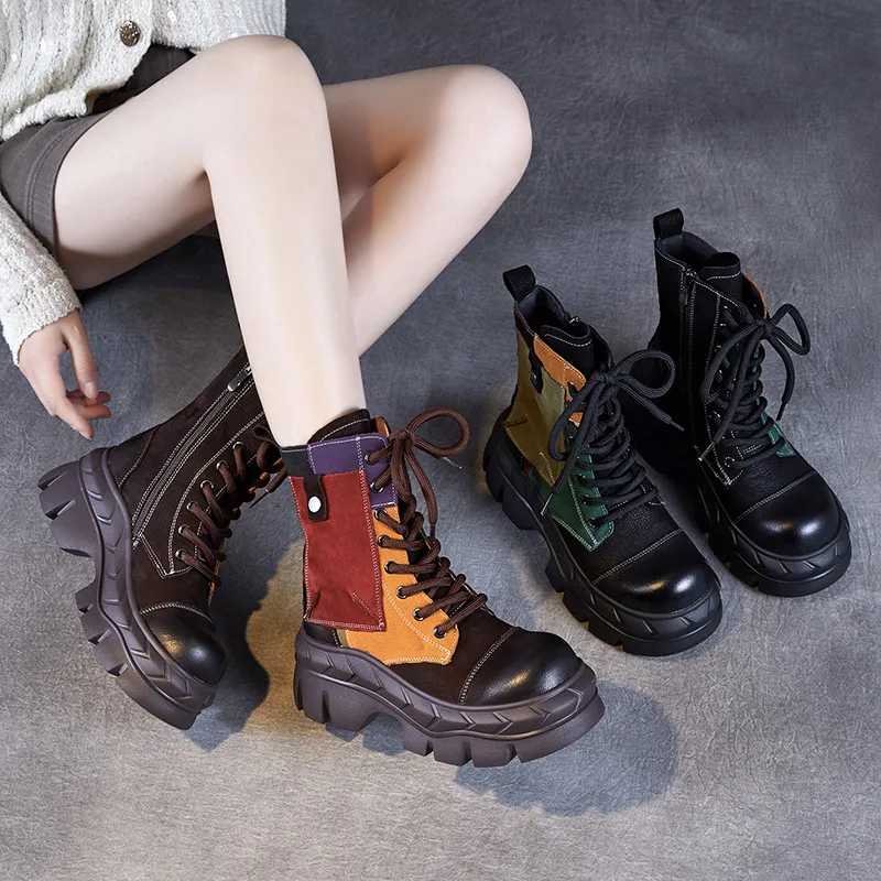 复古民族风拼色厚底靴子女头层牛皮高帮中筒靴百搭秋冬雪地马丁靴