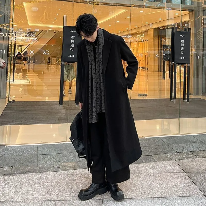 风衣男中长款秋冬季加棉厚日系潮流宽松男士毛呢大衣韩版呢子外套