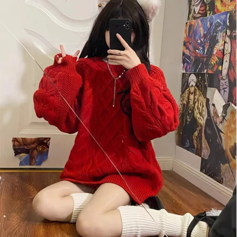 粗线麻花毛衣女加厚中长款2023年新款秋冬百搭宽松慵懒风线衣外套