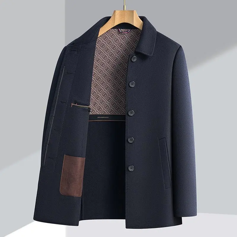 休闲外套呢新款羊毛双面男士秋冬呢子大衣翻领扣子中长款羊绒商务