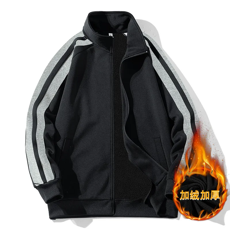 秋冬季新款男装开衫加绒立领卫衣宽松韩版休闲运动纯色外套港风男