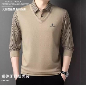 2025薄款男士春秋长袖卫衣假两件衬衫领爸爸装上衣外穿打底