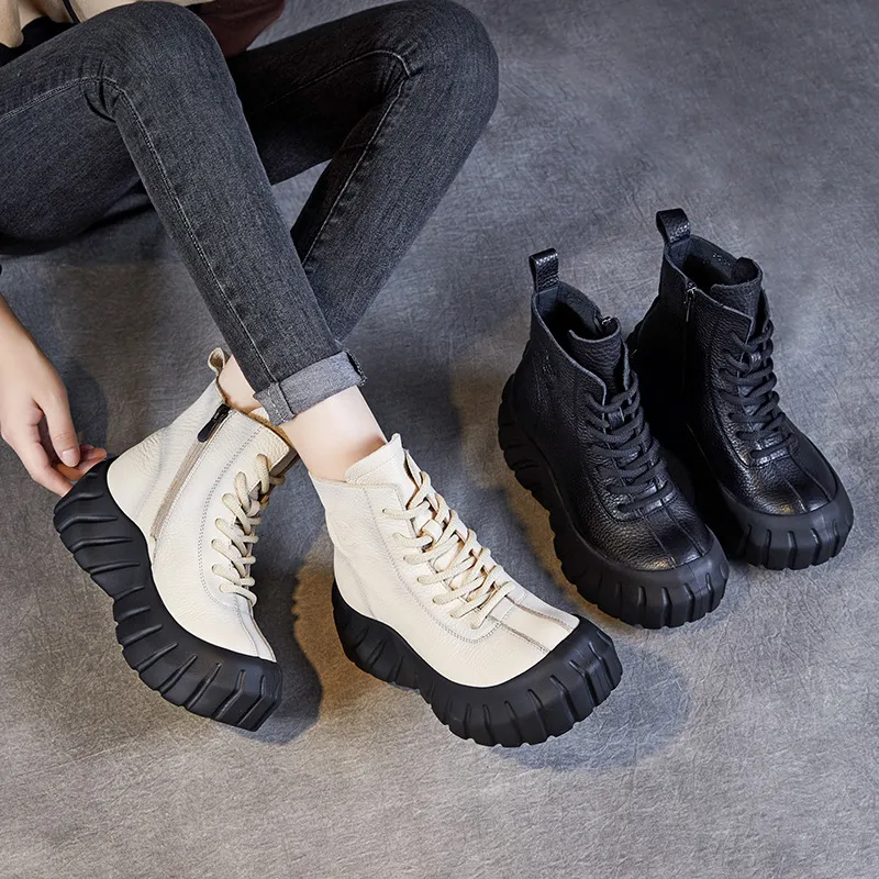 秋复古厚底头层牛皮靴子女英伦风增高切尔西靴防滑高帮轮胎底短靴