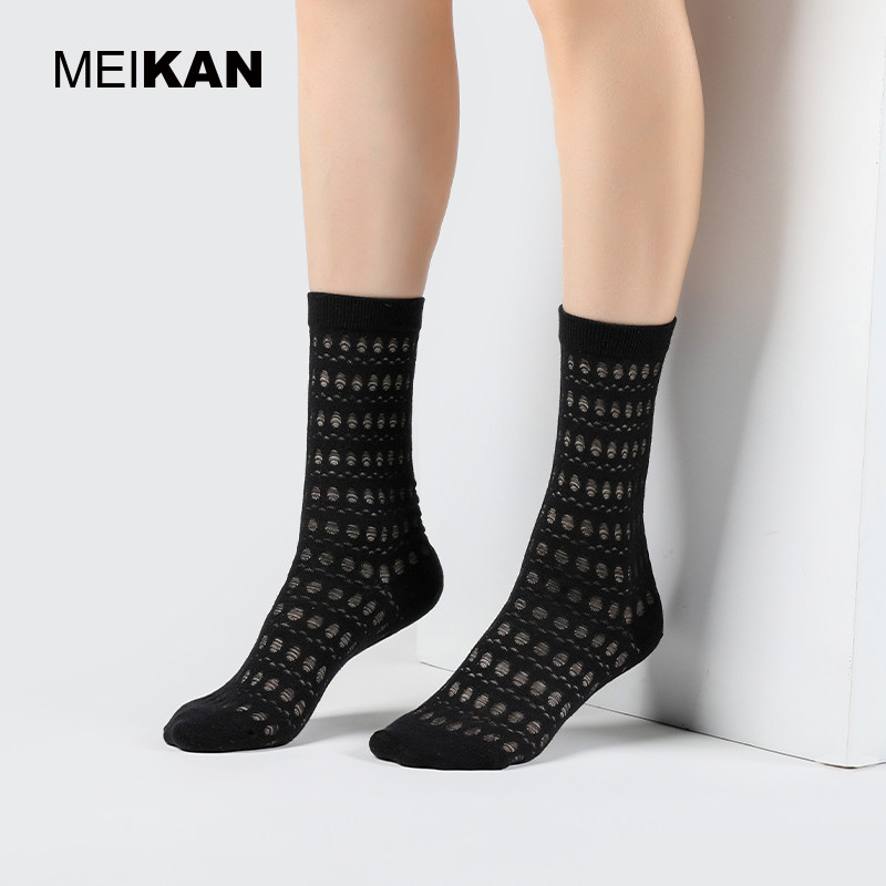 MEIKAN奶白镂空字母小腿袜纯棉袜子女长筒袜美腿网眼长袜中筒袜