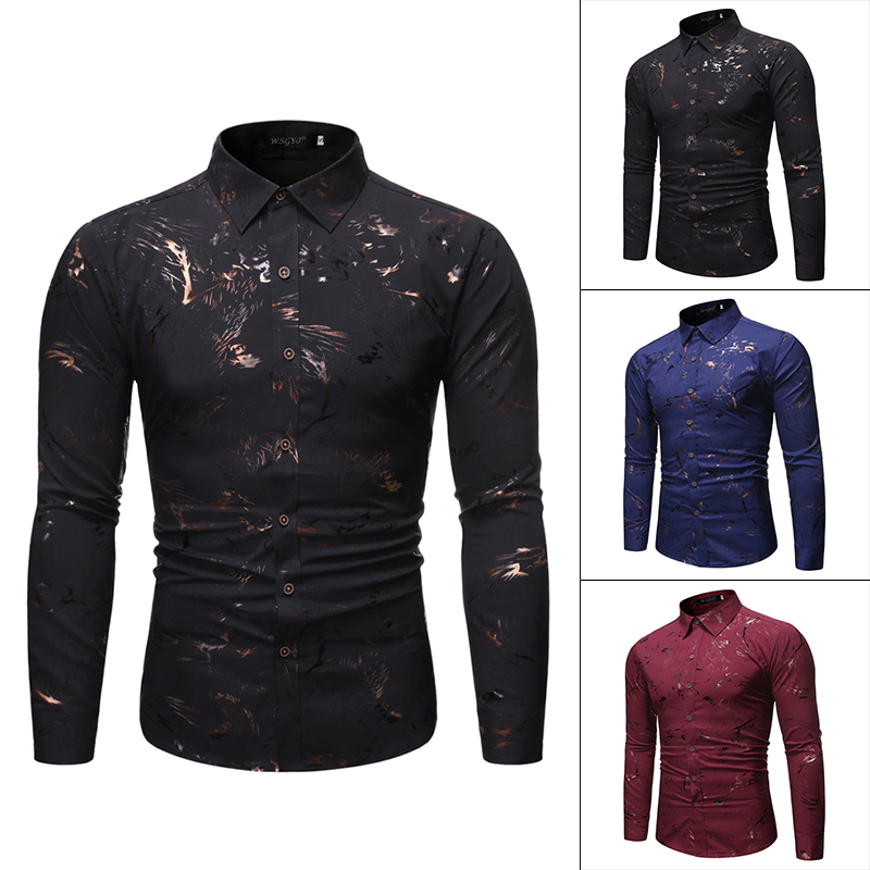 Casual large men's fashion Henry collar design shirt gilt printed long sleeve shirt