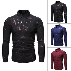 Casual large men's fashion Henry collar design shirt gilt printed long sleeve shirt