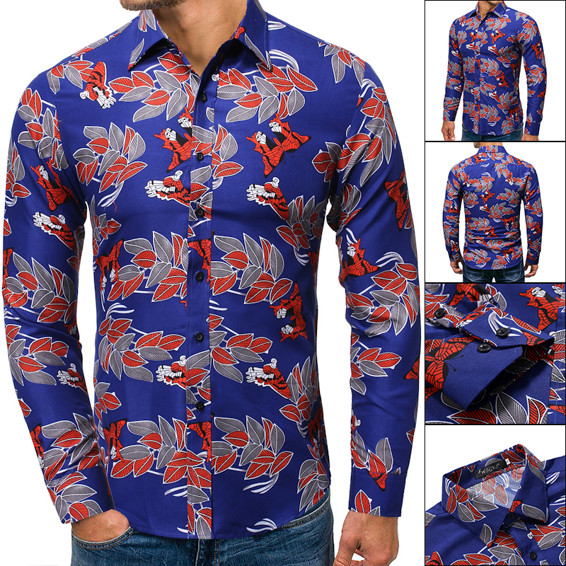 Express Amazon spring and autumn new men's foreign trade long sleeve flower shirt Chinese style leaf