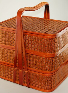 长方三层送餐篮 外卖手提竹篮 礼品篮 竹编工艺品