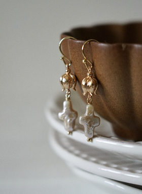 Power of Faith天然巴洛克珍珠十字架耳环法式复古小众个性耳坠